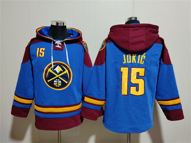 Men's Denver Nuggets #15 Nikola Jokic Blue/Red Lace-Up Pullover Hoodie